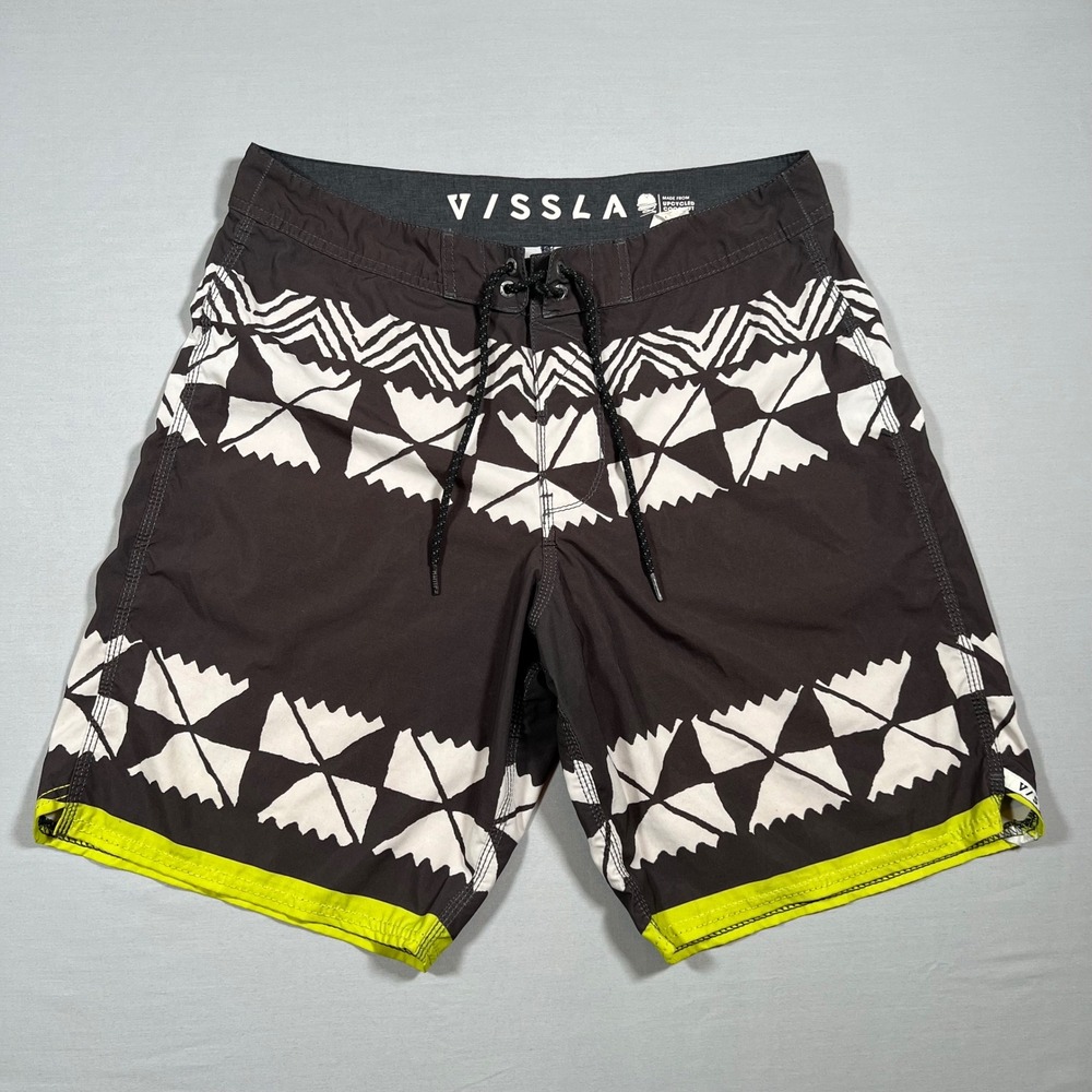 Vissla Mens Board Shorts Gray White Neon Yellow Tribal Surf Size 32